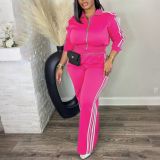 Women’s Streetwear Striped Long Sleeve Zip-Up Jacket and Wide Leg Pants Two-Piece Tracksuit