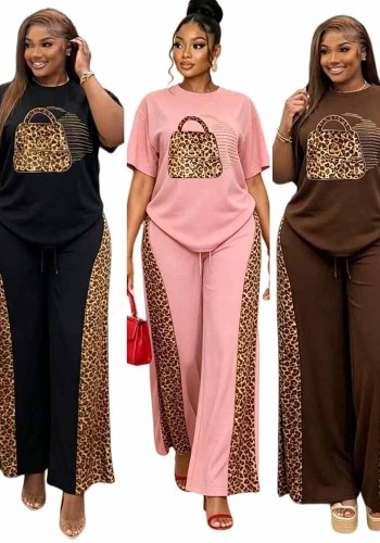 Women Leopard Beaded Top and Leopard Wide Leg Pant Casual Two Piece Set
