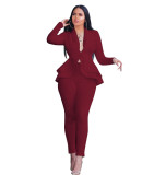 Women Casual Ruffled Blazer and Pant Two Piece Set