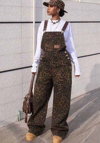 Women Leopard Multi Pocket Cargo Denim Overalls