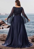 Women Plus Size Round Neck Sequin See Through Cape Sleeve Formal Party Evening Dress