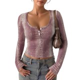 Women Printed Button V Neck Short Sleeve Top