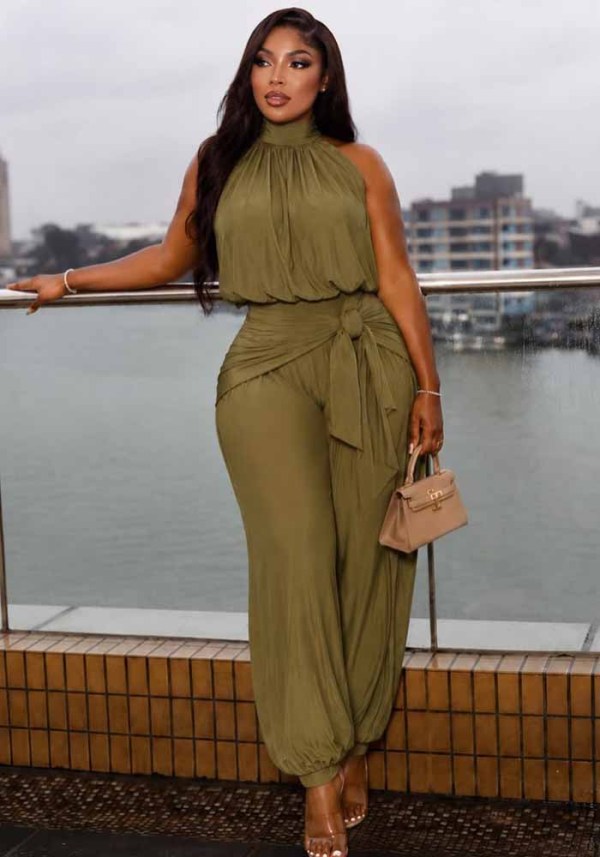 Women Fall Sleeveless Halter Neck Top and Lace-Up Long Pant Casual Two Piece Set