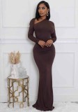 Women Solid Long Sleeve Slash Shoulder Mermaid Bodycon Dress