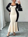 Women Plus Size Color Block Long Sleeve Sweetheart Neck Elegant Mermaid Maxi Bodycon Dress
