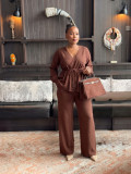 Fall Women’s V Neck Tie Front Knit Cardigan and High Waist Wide Leg Pants Two-Piece Set