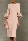 Women Round Neck Floral Solid Bodycon Dress