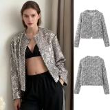 Women's Round Neck Solid Sequin Blazer Jacket