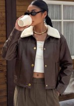 Women Brown Faux Shearling Turndown Collar PU Leather Jacket Women Brown Faux Shearling Turndown Collar PU Leather Jacket