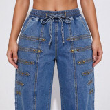 Women American Style Rivet Wide Leg Denim Pants