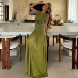 Women French Olive Green Ruched Maxi Dress