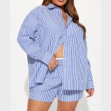 Women's Spring Turndown Collar Striped Long Sleeve Button Top and Short Two Piece Set