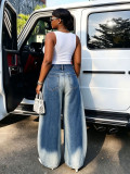 Women Asymmetric Cross Belt Embroidered Pocket Denim Pants
