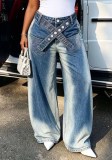 Women Asymmetric Cross Belt Embroidered Pocket Denim Pants