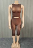 Women Sexy Stretch Shiny See Through Sleeveless Top and Capri Pant Two Piece Set