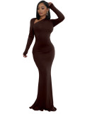 Women Solid Long Sleeve Slash Shoulder Mermaid Bodycon Dress