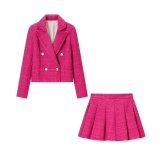 Women's Autumn Turndown Collar Jacket and Pleated Midi Skirt Two Piece Set