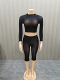Women Sexy Stretch Shiny See Through Long Sleeve Top and Capri Pant Two Piece Set