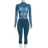 Fall Women’s Solid Color Sexy See-Through Mock Neck Top and Slim Fit Pants Set