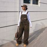 Women Leopard Multi Pocket Cargo Denim Overalls
