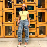 Women Tiered Ripped Patch Denim Pants
