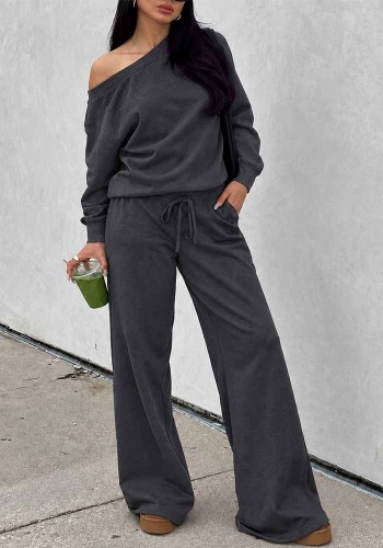 Women Fall Winter Long Sleeve Slash Shoulder Top and Wide Leg Pant Two Piece Set