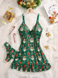 Women Halloween Sexy Home Printed Strap Nightgown Two Piece Set