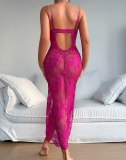 Women’s Red Black and White Underwire Lace Strap Low Back Long Slip Nightdress Lingerie Set