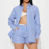 Women's Spring Turndown Collar Striped Long Sleeve Button Top and Short Two Piece Set