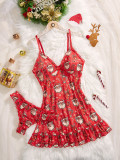 Women Halloween Sexy Home Printed Strap Nightgown Two Piece Set