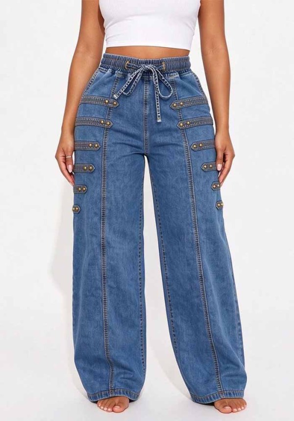 Women American Style Rivet Wide Leg Denim Pants