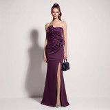 Women Pleated Floral Applique Strapless Slit Mermaid Formal Party Evening Dress