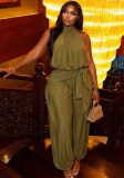 Women Fall Sleeveless Halter Neck Top and Lace-Up Long Pant Casual Two Piece Set