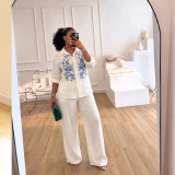 Fall Women’s Career Style Embroidered Long Sleeve Shirt and Wide Leg Pants Two-Piece Set
