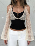 Women French Sexy Holidays Faux Two Piece Patchwork Lace Halter Neck Cami Bell Sleeve Top