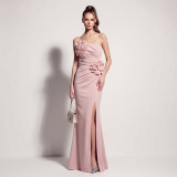 Women Pleated Floral Applique Strapless Slit Mermaid Formal Party Evening Dress