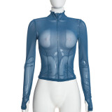 Fall Women’s Solid Color Sexy See-Through Mock Neck Top and Slim Fit Pants Set