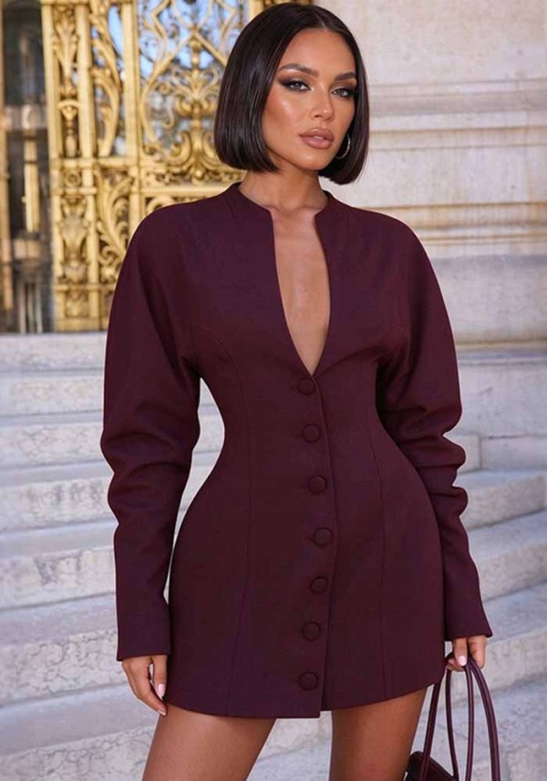 Women Spring Solid Casual Ruched Long Sleeve Dress