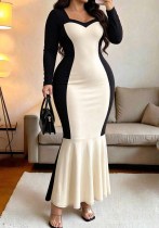 Women Plus Size Color Block Long Sleeve Sweetheart Neck Elegant Mermaid Maxi Bodycon Dress Women Plus Size Color Block Long Sleeve Sweetheart Neck Elegant Mermaid Maxi Bodycon Dress
