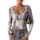 Women Printed Button V Neck Short Sleeve Top