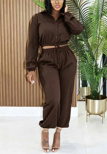 Women Casual Turndown Collar Top and Wide Leg Pant Two Piece Set