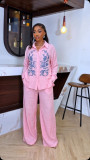 Fall Women’s Career Style Embroidered Long Sleeve Shirt and Wide Leg Pants Two-Piece Set