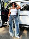 Women Asymmetric Cross Belt Embroidered Pocket Denim Pants