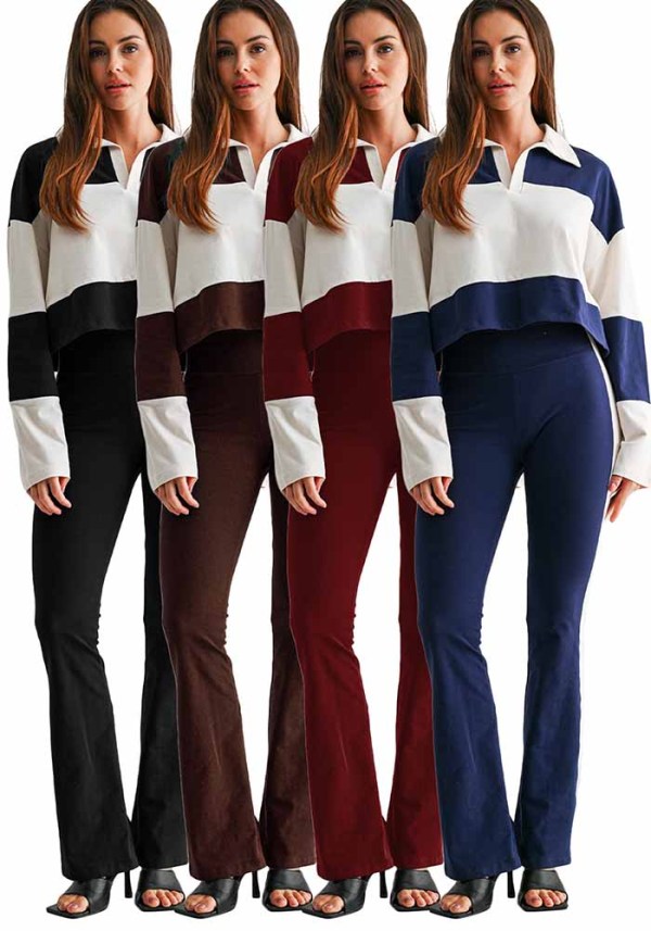 Women Color Block Patchwork Polo Turndown Collar Long Sleeve Top and Striped Bell Bottom Pant Two Piece Set
