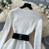 Fall Women’s V Neck Bow Slim Waist Chic A-Line Knit Dress