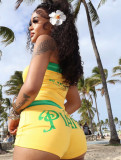 Women's Summer Sexy Strapless Printed Drawstring Top Short Two Piece Set