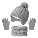 Autumn Winter Single Pom Pom Hat Scarf Glove Three-Piece Set