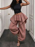 Women Casual Irregular Plaid Wide Leg Long Pants