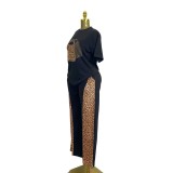 Women Leopard Beaded Top and Leopard Wide Leg Pant Casual Two Piece Set
