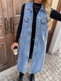 Women Turndown Collar Sleeveless Denim Vest